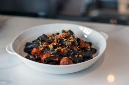 squid-ink rigatoni with tuna and proscuitto meatballs from Supply and Demand, Ottawa