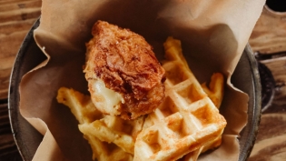 Gouda Stuffed, Beer-Brined Fried Chicken with Aged Cheddar & Cornmeal Waffles